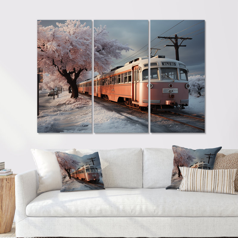 «Orange Train Charm In Winter - Train, art mural», H 32 po x l 48 po