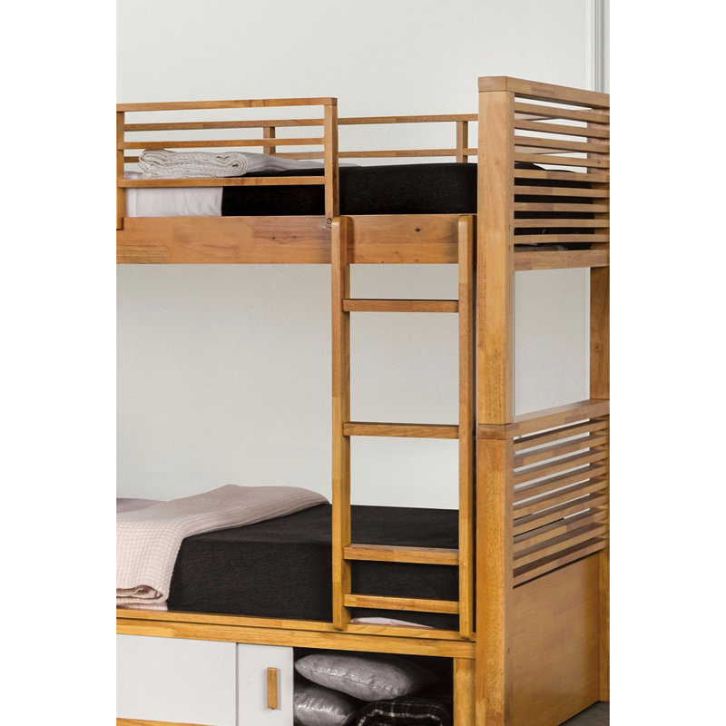 Lit superposé simple au-dessus de chêne avec style transitionnel, bois franc massif, rangement intégré et de couleur réversible, insert de porte coulissante et joint de verrouillage