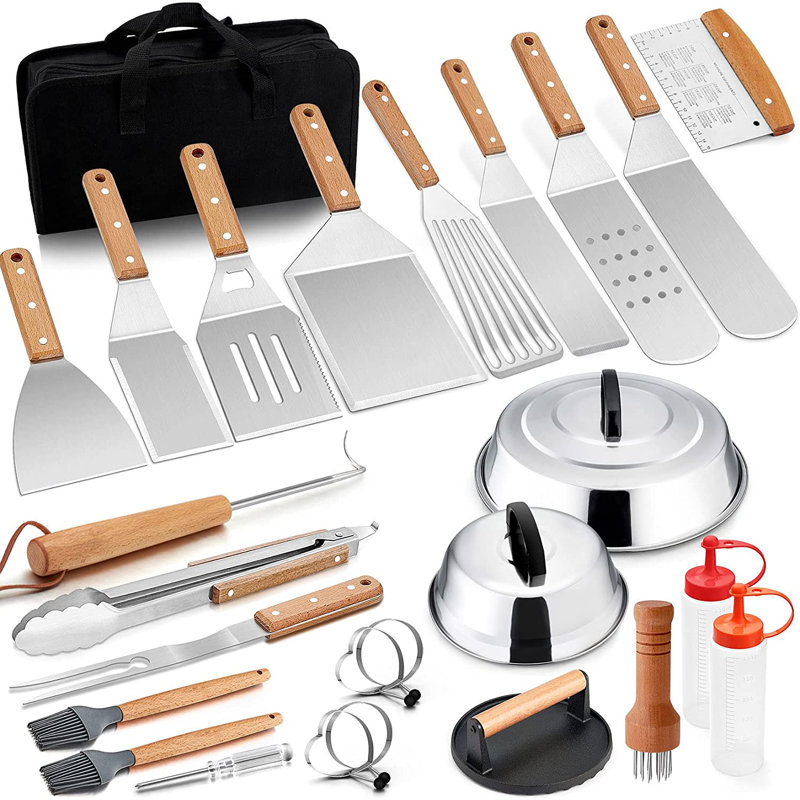 Dishwasher Safe Grilling Tool Set, Silver/Brown