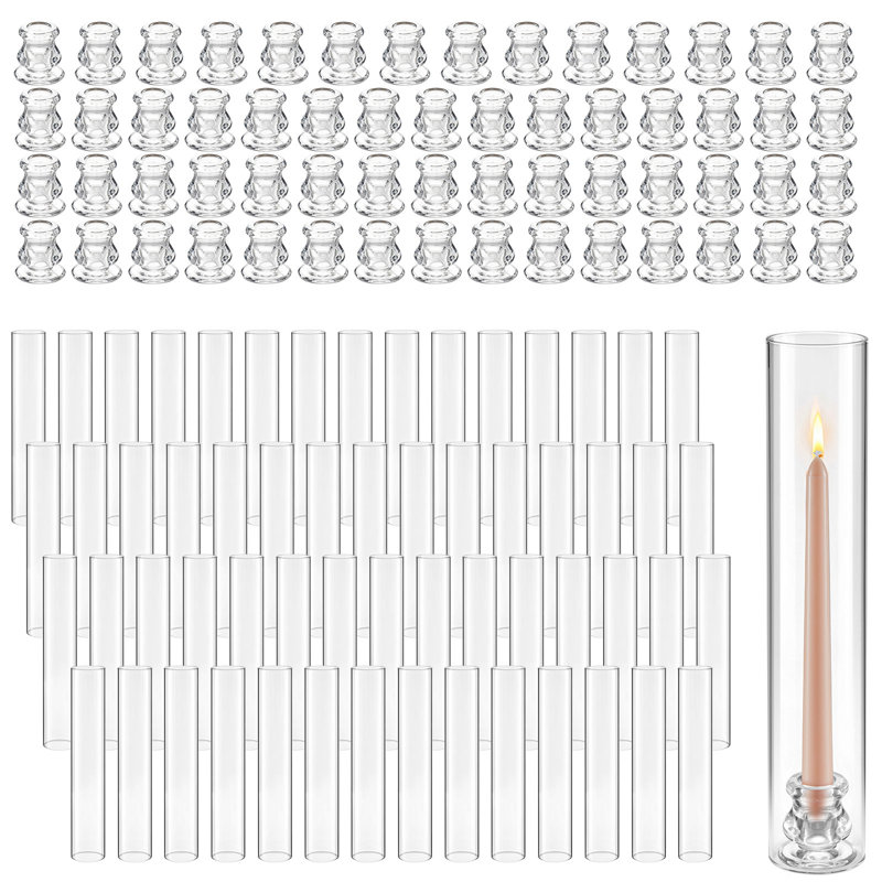 Ensemble de 60 bougeoirs ouragan, diamètre 6,5 cm x hauteur 35 cm, manchon cylindrique en verre transparent, verre borosilicate haute résistance, protection contre le vent pour mariage, centre de table, fête, décoration intérieure