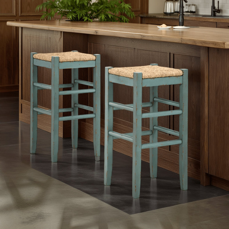 Tabouret Anya, siège en ruppie maritime tissée, structure en bois, Bleu antique