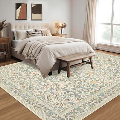 10x13 Rugs for Living Room Washable Rug for Bedroom Floral Bird Area Rugs Stain Resistant Modern Folding Throw Carpet Floor Cover for Nursery Playroom Beige