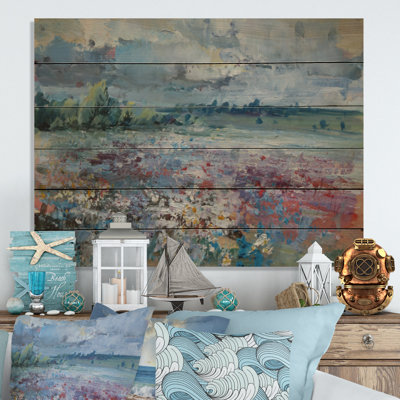 Peinture de paysage de fleurs sauvages - Art mural traditionnel en bois - Bois de pin naturel