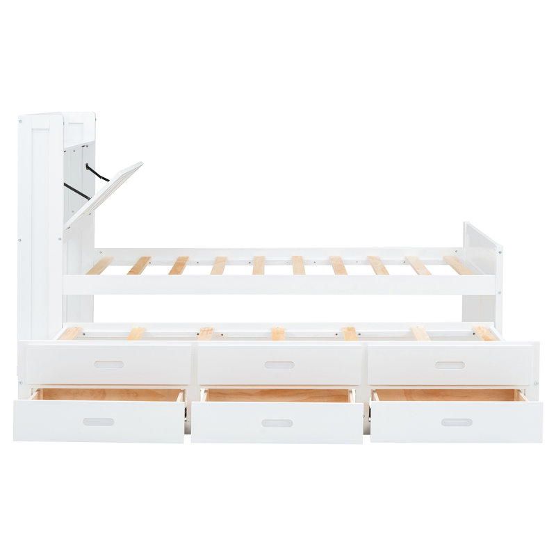 White Twin Size Bed With Headboard Outlets & Ample Storage Space Feature Stylish Decoration