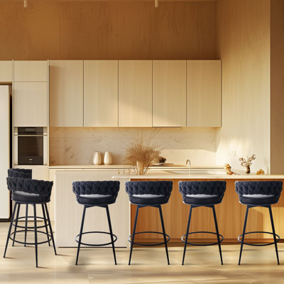 Barstools Counter Height Set of 6, 360°Swivel Bar Stools 26" Stool Chair Suede Fabric Modern Woven Design Bar Chairs with Back and Footrest for Kithcen Cafe Pub