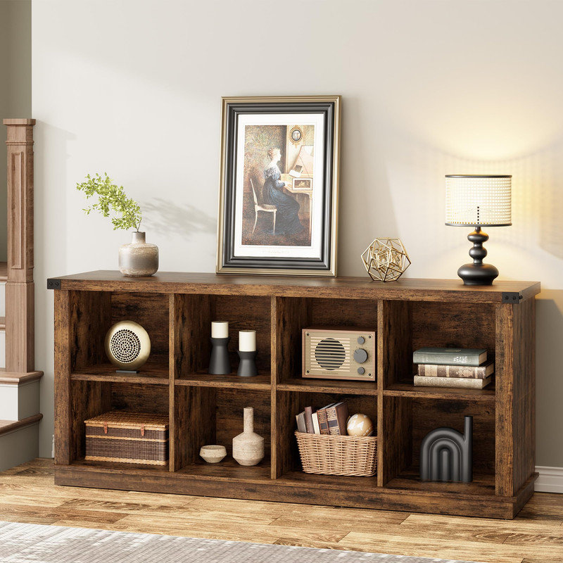 8 Cube Storage Organizer Bookshelf, 3 Tier Farmhouse Horizontal Bookcase, 62 Inch Wood Storage Bookcase for Entryway, Long Low Bookshelves for Living
