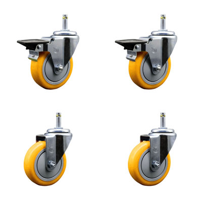 4 Inch Yellow Poly Wheel Swivel 7/16 Inch Grip Ring Stem Caster Set 2 Brakes