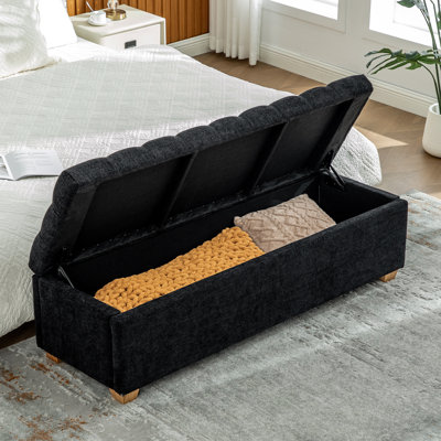 60.2'' Wide Chenille Upholstered Storage End of Bed Bench, Tufted Flip-Top Accent Window Bench Footrest Stool Ottoman with Legs for Living Room, Bedroom, Entryway, Dining Room, Dorm, Corner, Black