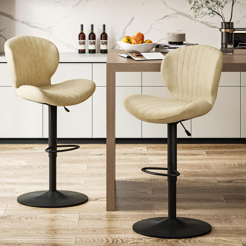 Beige Faux Leather Adjustable Swivel Bar Stools Set of 2