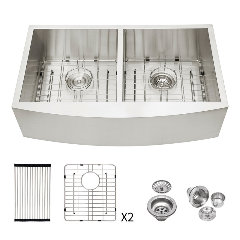 Double Bowl (50/50) Farmhouse Sink - Stainless Steel Apron Front Kitchen Sink 16 Gauge With Two Deep Basin