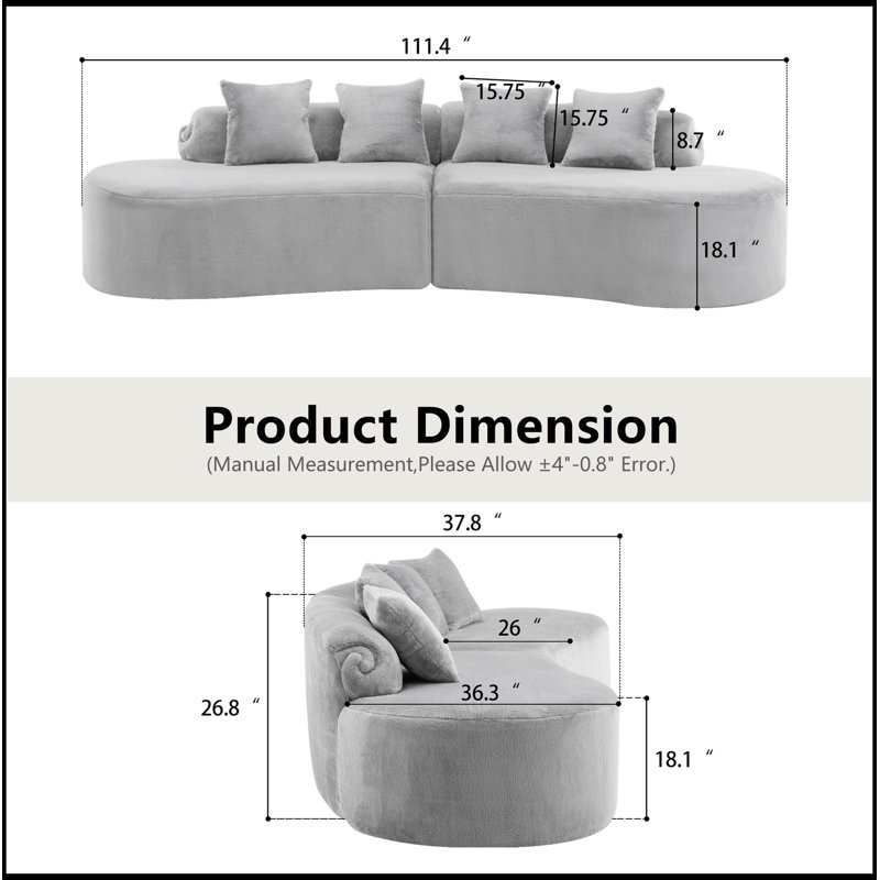 Canapé modulaire en velours avec 4 coussins, Gris clair