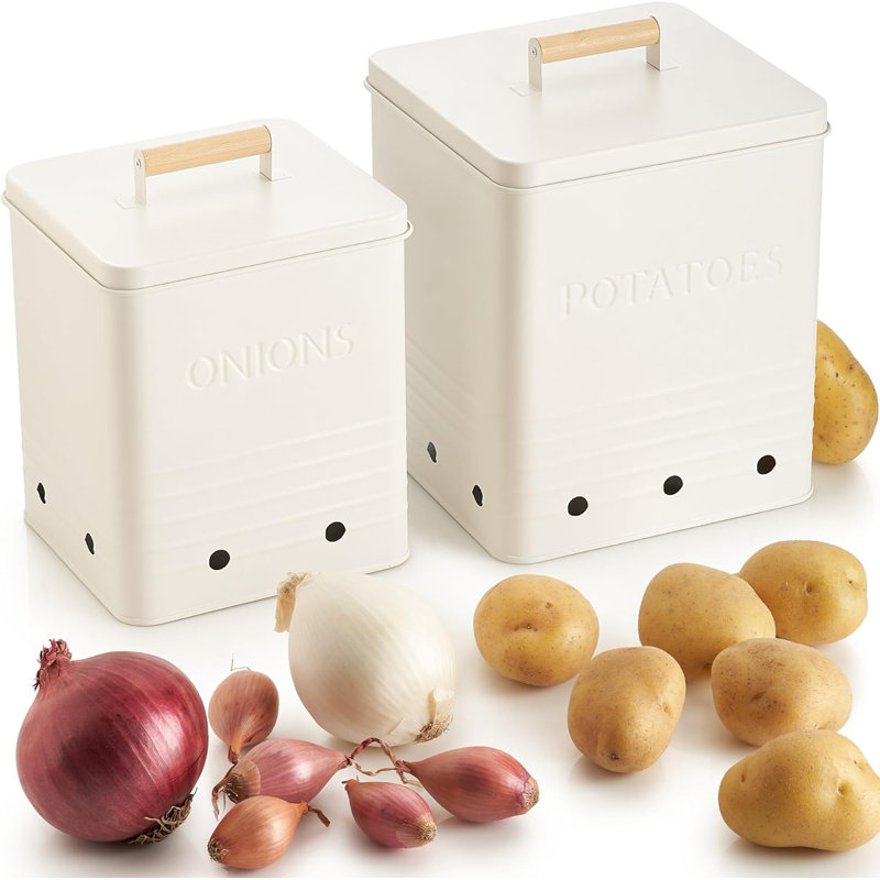 Beautiful Potato And Onion Storage Container Set,Cream, Cream