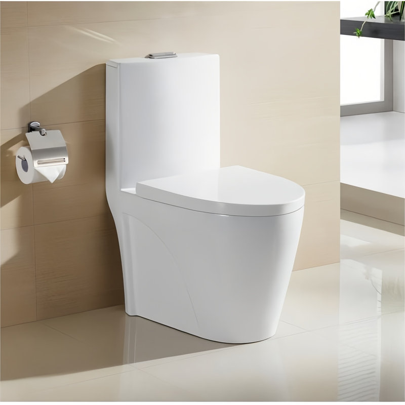 One Piece Elongated Toilet, Large Size Siphonic Dual Flush 1.1/1.6 GPF, Floor-Discharge Compact Water-Saving Toilet, Glossy White