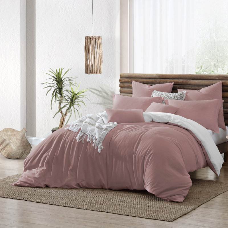 Woodrose and White Cotton Reversible Queen Duvet Cover Set