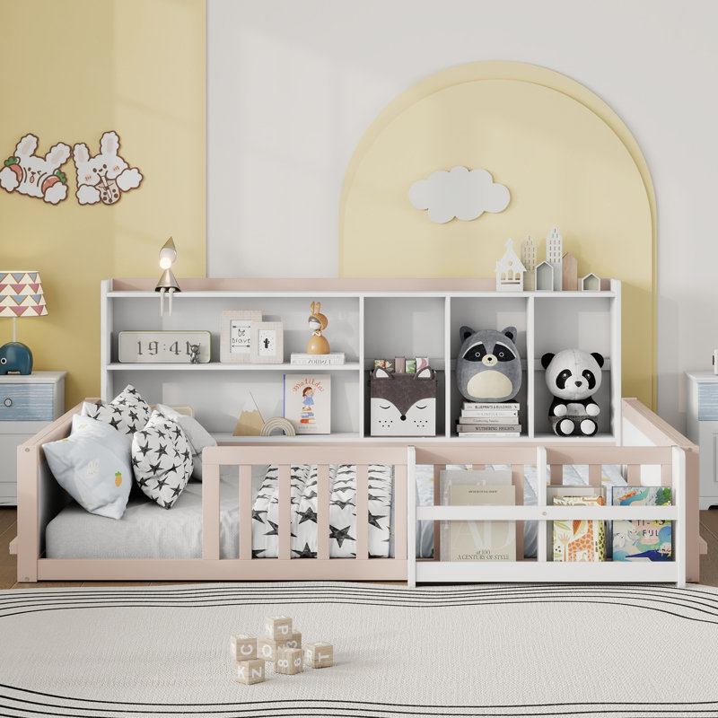 Base de lit plateforme en bois avec barrière de sécurité, tablettes de rangement latérales et étagère à livres, Double