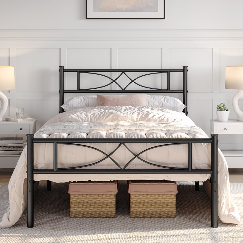 Anelis Metal Bed Frame Platform with Curved Design Headboard & Footboard, Black, Twin