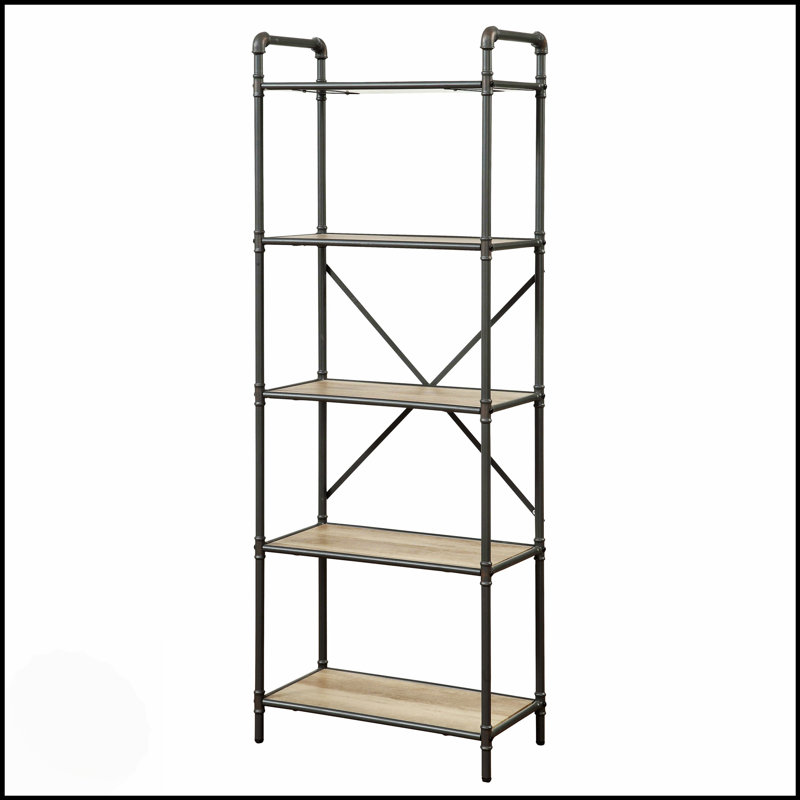 Bibliothèque à 5 niveaux en chêne antique et gris sable avec tablettes spacieuses, pour un décor industriel rétro et un rangement efficace.