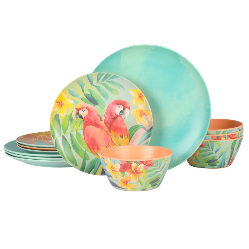 Laurie Gates Tropical Parrots 12 Piece Colorful Melamine Dinnerware Set