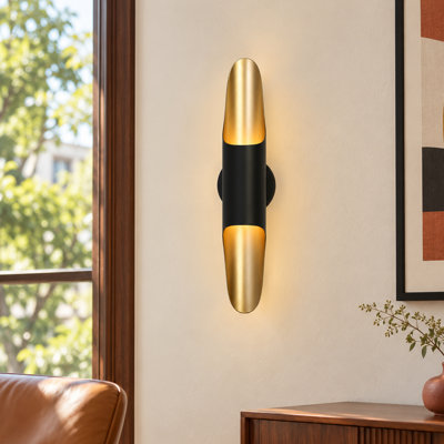 2-Light 22.4"H Modern Black Gold Cylinder Wall Sconce Bath Vanity Light