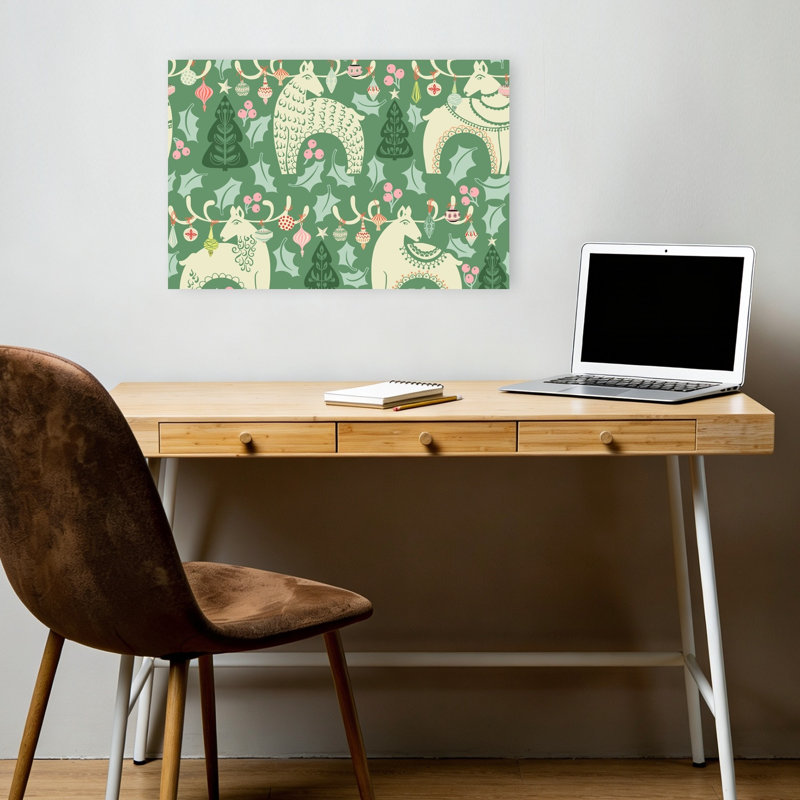 Festive Folk Reindeer Pattern Abstract Christmas Tree Deer Winter Landscape Wall Art Print 1 Piece Wrapped Canvas Wall Art