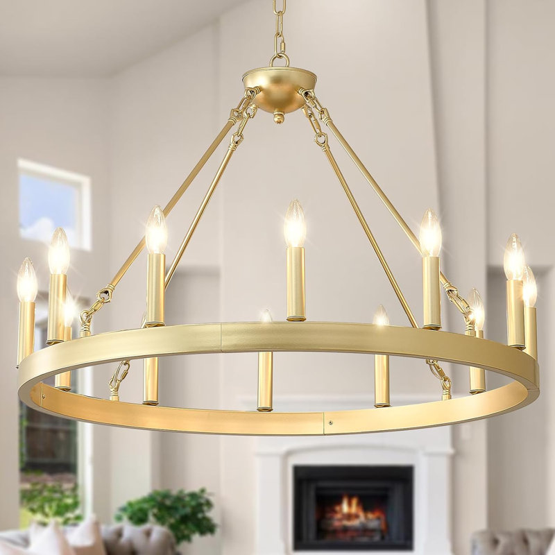 Luminaire suspendu rond en forme de roue de chariot de style rustique pour salle à manger, H 21 po x l 32 po x P 32 po, Doré