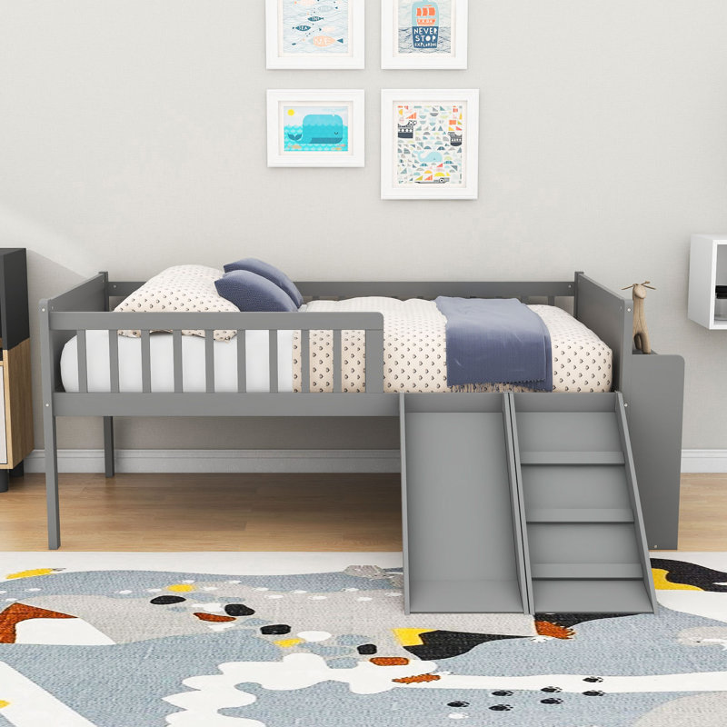 Lit mezzanine simple en bois avec glissade et tablette de rangement, Gris