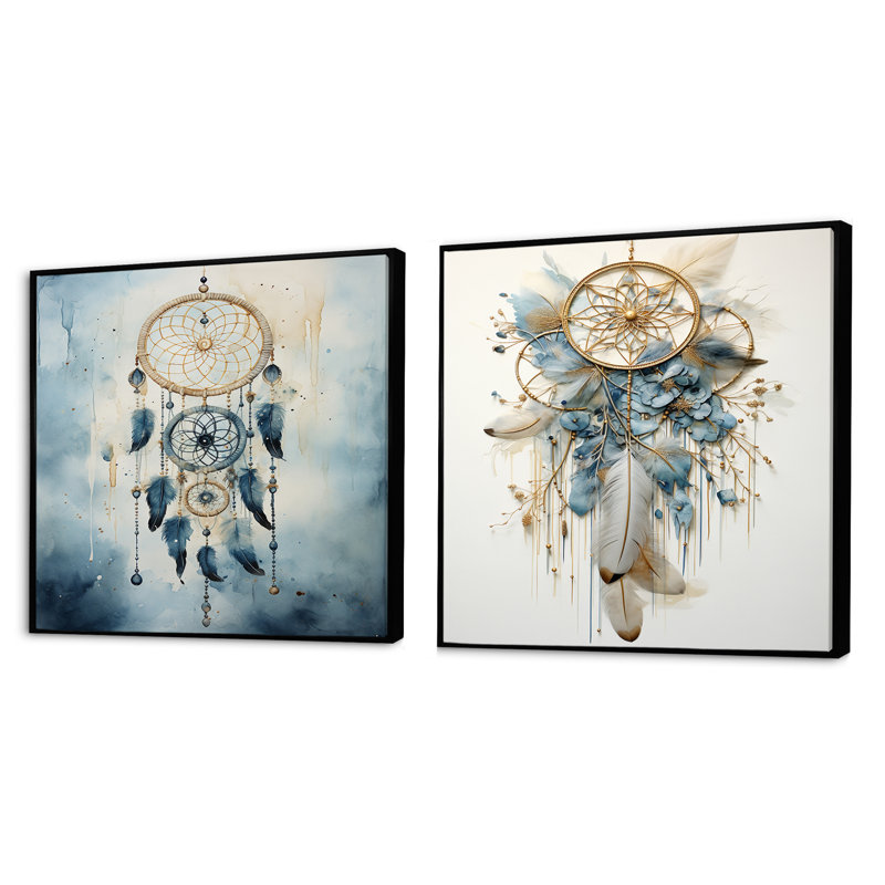 Capteur de rêves blanc et bleu Tranquility - Dream Catcher, Cadre flottant noir, H 30 po x l 61 po