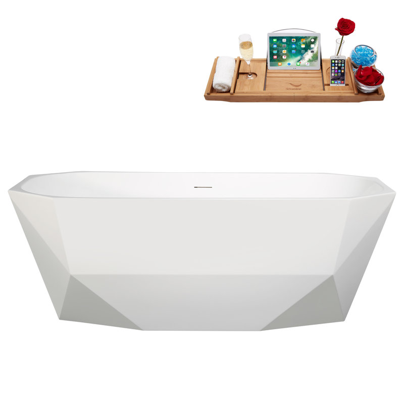 63" Streamline Soaking Glossy White Acrylic Freestanding Bathtub, Bamboo Tray, Drain, Matte Oil Rubbed Bronze