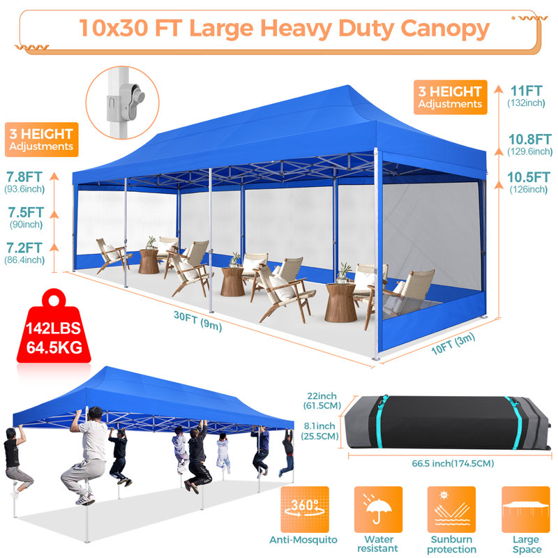 10x30 Pop up Canopy Tent with Sidewalls, Heavy Duty Easy Set up, Blue