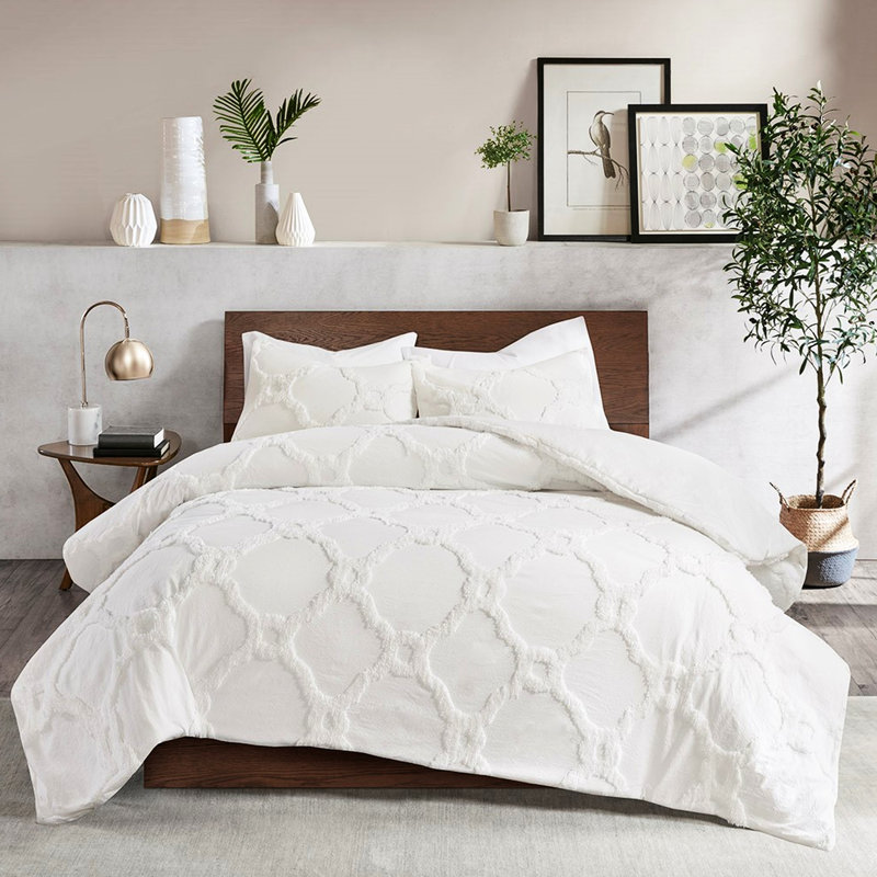 Édredon géométrique en coton chenille - 3 pièces, literie double / grand, facile d'entretien