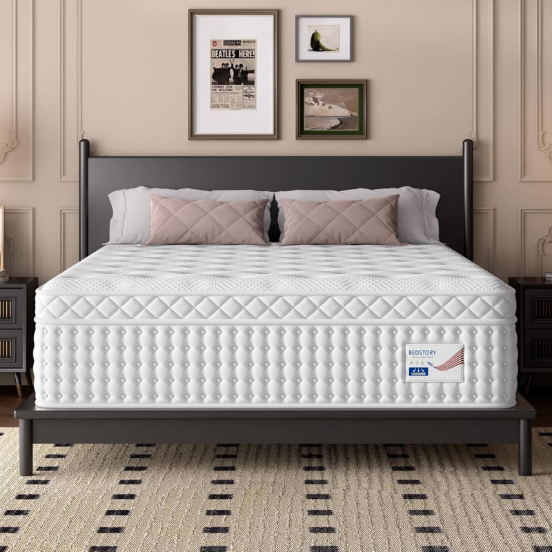  14 Inch Queen Hybrid Mattress, Euro Top Memory Foam and Pocket Spring Bed for Spine Support, Medium Firm, White, 14", Queen