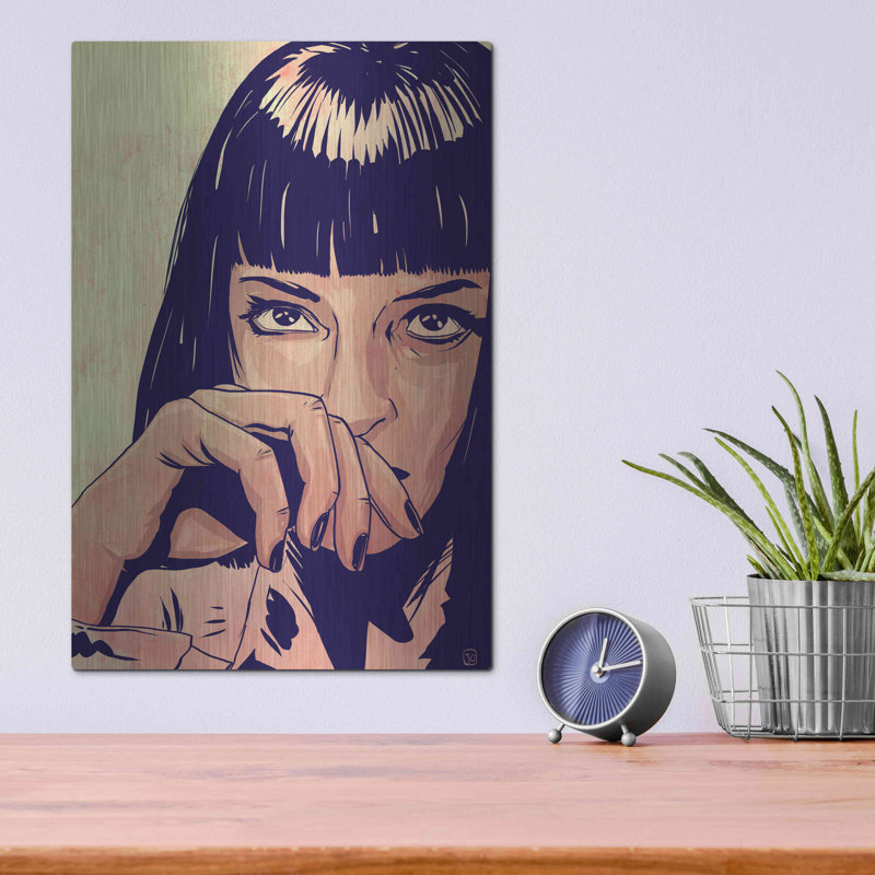 Mia Wallace par Giuseppe Cristiano - peinture sur métal sans cadre, H 16 po x l 12 po x P 0,13 po