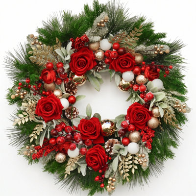 Couronne de Noël de 55 cm (21,7 pouces), roses rouges artificielles, boules décoratives, baies et pommes de pin avec branches de pin, décoration de style champêtre pour porte d'entrée, mur, fenêtre, porche et foyer