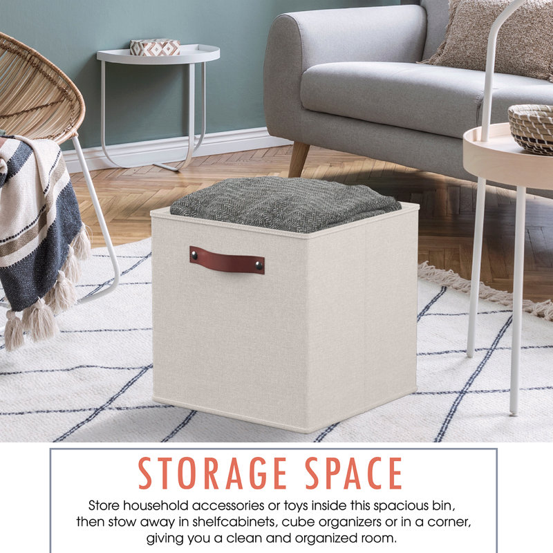 Beige Linen Foldable Storage Cubes with Leather Handles, Set of 6