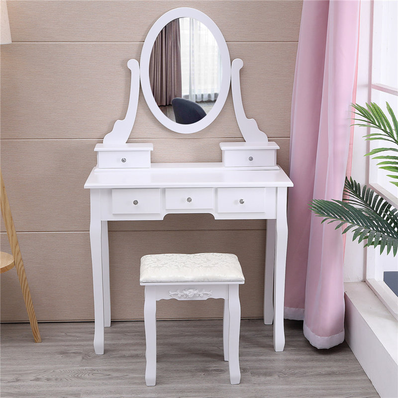 Ensemble de meuble-lavabo en bois massif avec tabouret et miroir Erlantz, Blanc