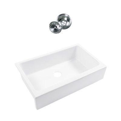 Grace Crisp White Fireclay 34" Single Bowl Undermount Farmhouse Apron Kitchen Sink and Drain