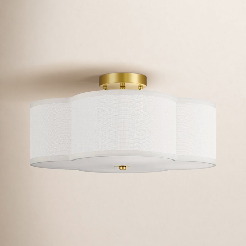 Plafonnier semi-encastré en tissu 4 lumières, Laiton, H 6,9 po x l 15,75 po x P 15,75 po