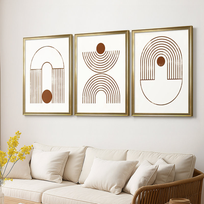 Arches et orbes I - Toile tendue avec châssis sur mesure - 3 pièces, H 21 po x l 30 po, Doré