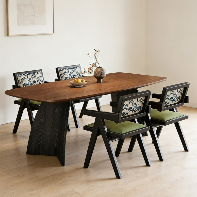 Table rectangulaire Mid-Century en noyer épais, H 29,5 po x l 70,9 po x P 35,4 po, 5 pièces: table, 4 chaises