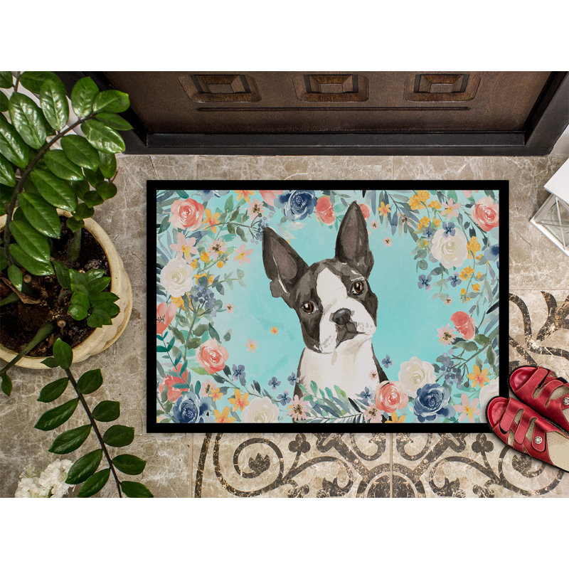 Gerwalta Non-Slip Floral Outdoor Doormat, Boston Terrier