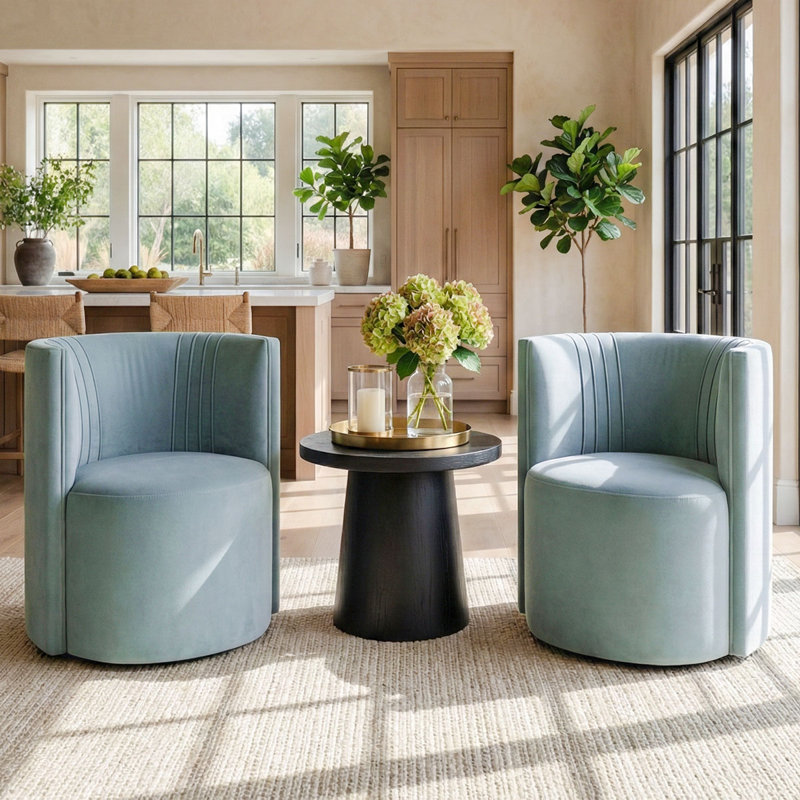 Chaises d'appoint tonneau en velours avec roulettes, Bleu pâle
