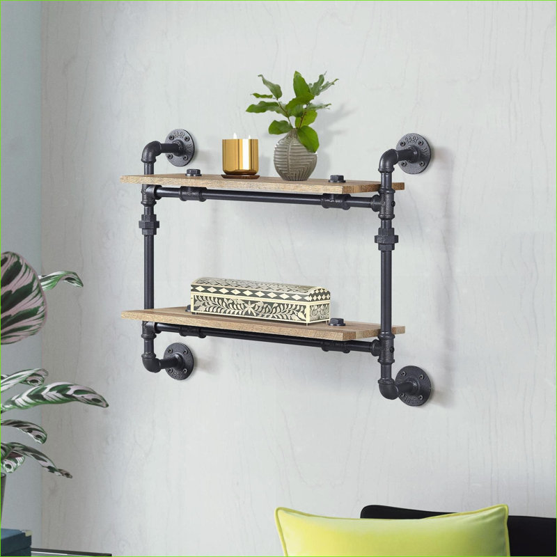 Tablette murale, chêne industriel à 2 niveaux Noir sable | Bois et métal | Ouvert à l'arrière