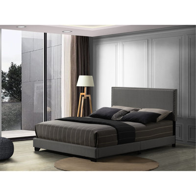 Queen Bed In Gray Fabric, Fully Upholstered, Wood Leg Design, Nailhead Trim Decoration, 4 Slats Box Spring Needed, 660Lbs Capacity, 6" Floor Gap, 84" Depth, 64" Width, 43" Height Fabric - Sized Bed,