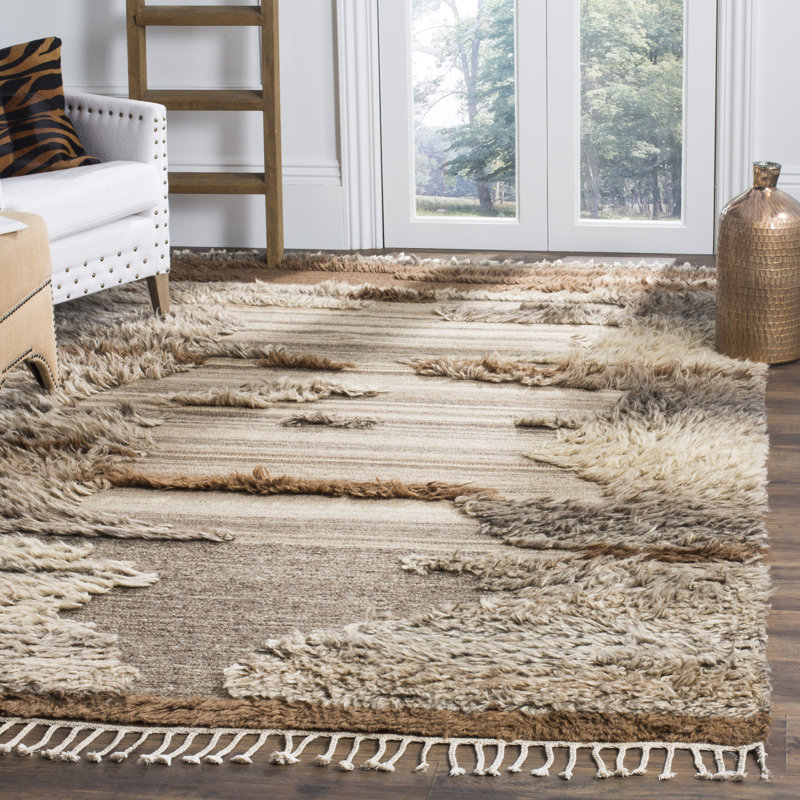 Alimatou Hand Knotted Wool/Cotton Abstract Rug in Gray/Brown, Rectangle 5' x 8'