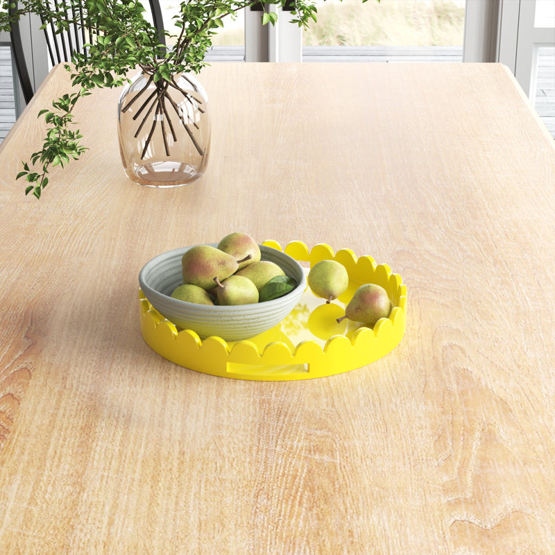 Effa Hand-Crafted Round Scalloped Wood Tray, Yellow