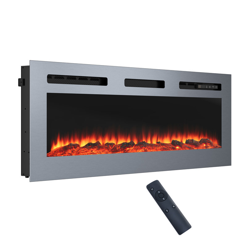 Wall Mounted/Recessed-In Stainless Steel Electric Fireplace, 17" H x 50" W x 4.1" D