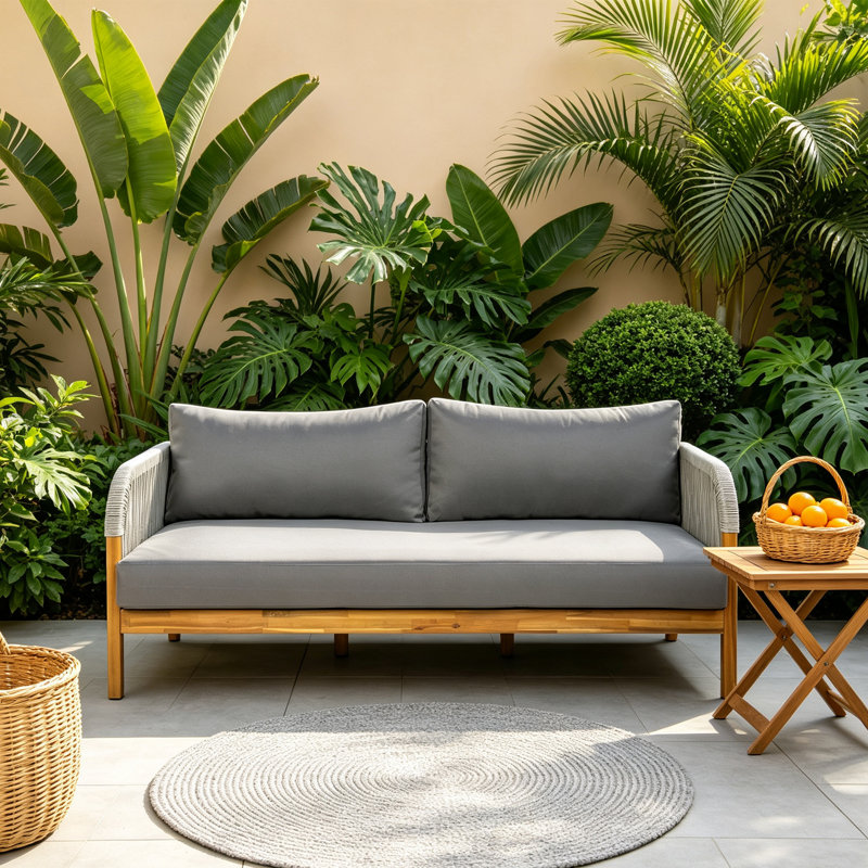Causeuse d'extérieur moderne en corde de bois d'acacia à tissage de corde avec sièges profonds et coussins, Gris
