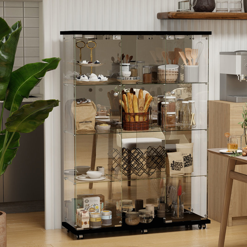 Anneliesse 4-Shelf Glass Display Cabinet with Mirrored Back, 3-Column Tempered Glass Display Case, Black