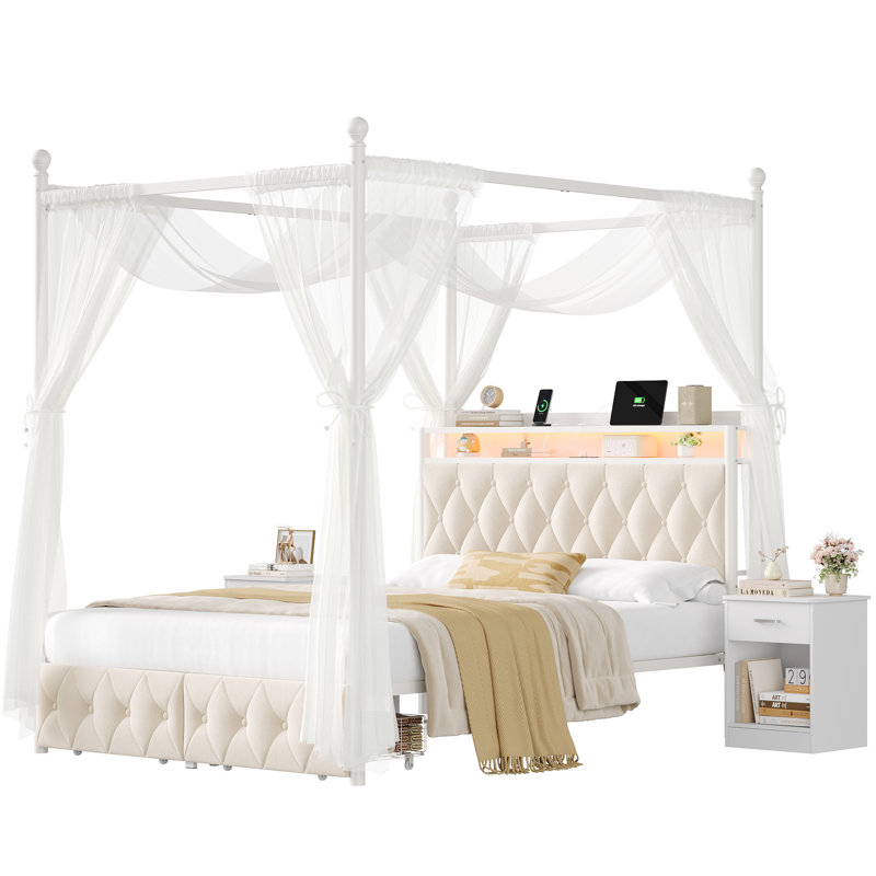 Ensemble de lit à baldaquin 3 pièces - Tête de lit à DEL avec charge USB / Type-C, structure en métal robuste, poteaux amovibles + 2 tables de chevet assorties