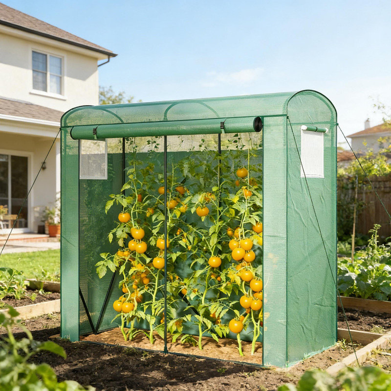 Mini serre stable 74 po avec porte à enroulement et fenêtres en filet, robuste pour patio
